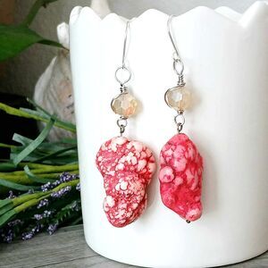 Large Boho Style Howlite Dangle Earrings, Neon Pink, Boho Chic, Statement